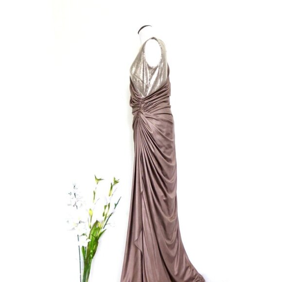 TADASHI SHOJI Sleeveless Jersey Stretch Sequin Dress Gown Draped Ruched SZ M - Picture 5 of 10